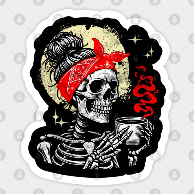Skeleton Woman Drinking Coffee Gothic Caffeine Addict Spooky Sticker by Yesteeyear